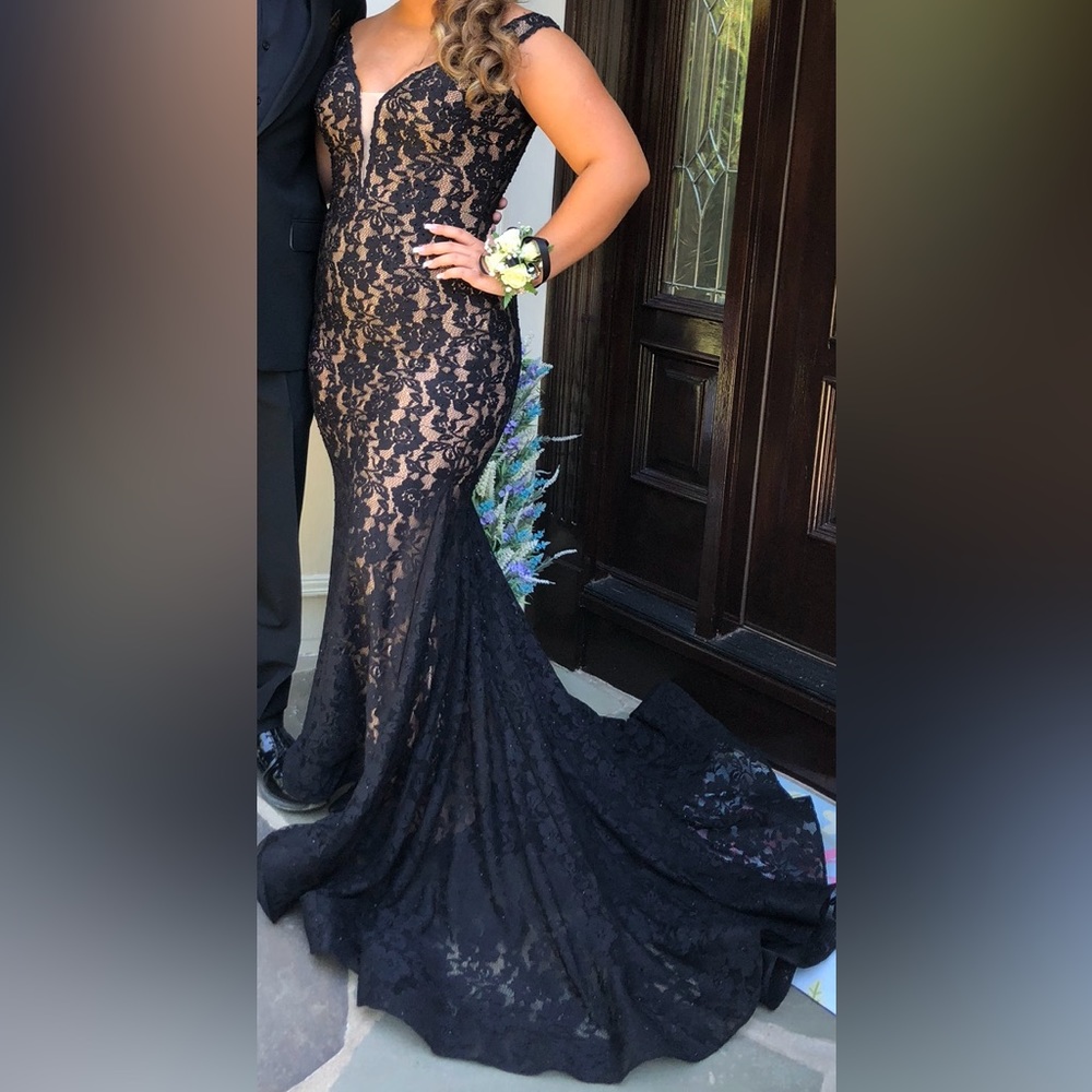 Black lace off the shoulder prom gown with gorgeous train